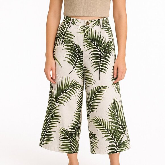 Palm Print Extra Wide Leg Linen Trousers Tropical Resort Boho Cropped Pants Sz 6 - Picture 2 of 9